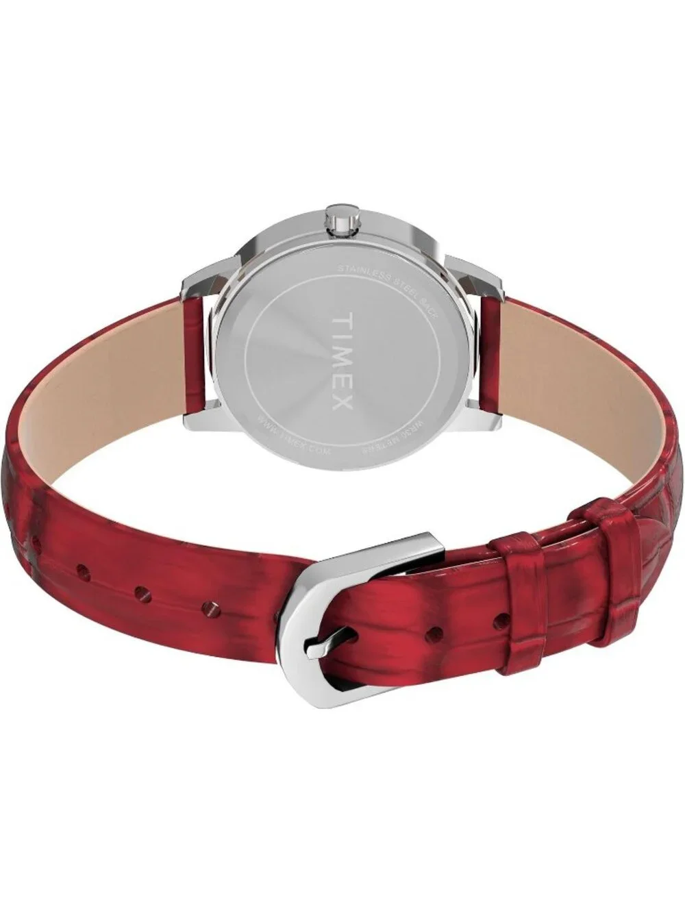Women's Red/Silver-Tone/White/30mm Easy Reader Leather Strap Wrist Watches